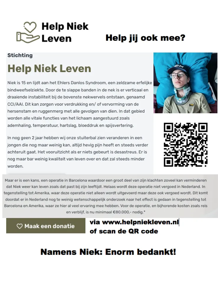 De poster van Stichting Help Niek leven uit 2022, met Nieks verhaal, een QR-code en de oproep om te doneren