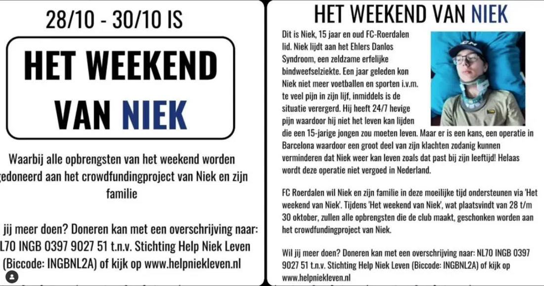 Flyer van FC Roerdalen voor Het weekend van Niek, 28 tot en met 30 oktober