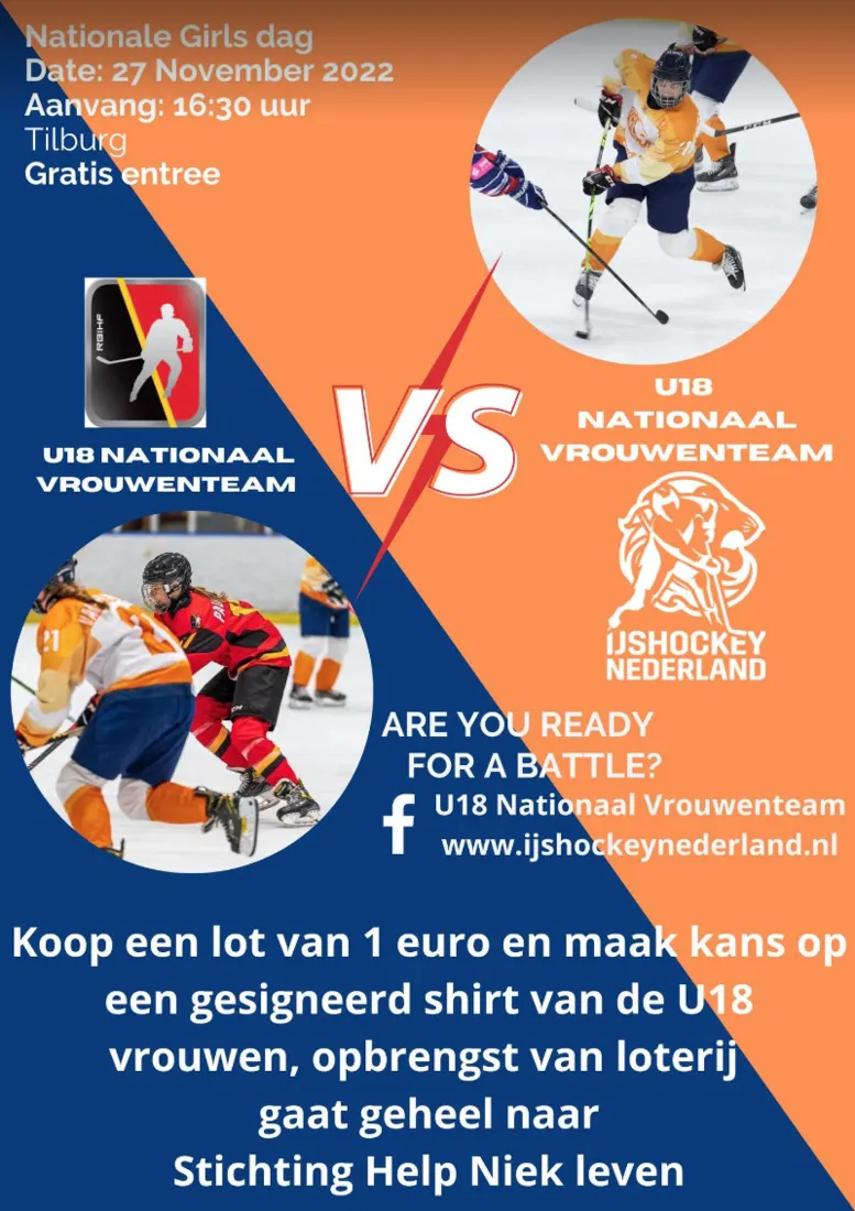 Affiche van de oefeninterland van het U18 nationaal vrouwenteam ijshockey op 27 november 2022, met loterij voor Stichting Help Niek leven