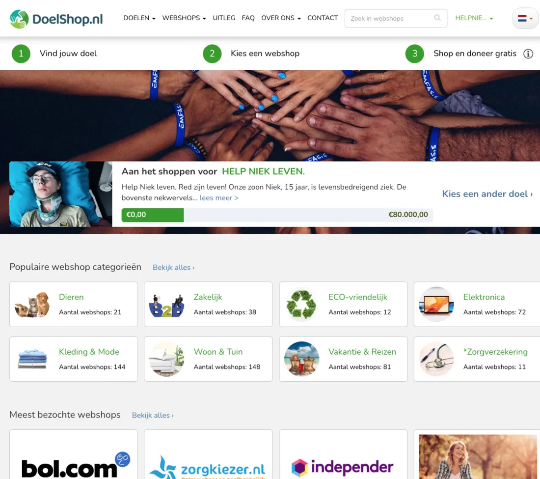 Schermafbeelding van DoelShop.nl met de actiepagina voor Help Niek leven