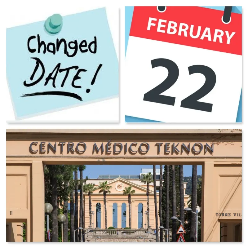 Kalenderblad met 22 februari, een briefje met Changed date en de ingang van Centro Médico Teknon