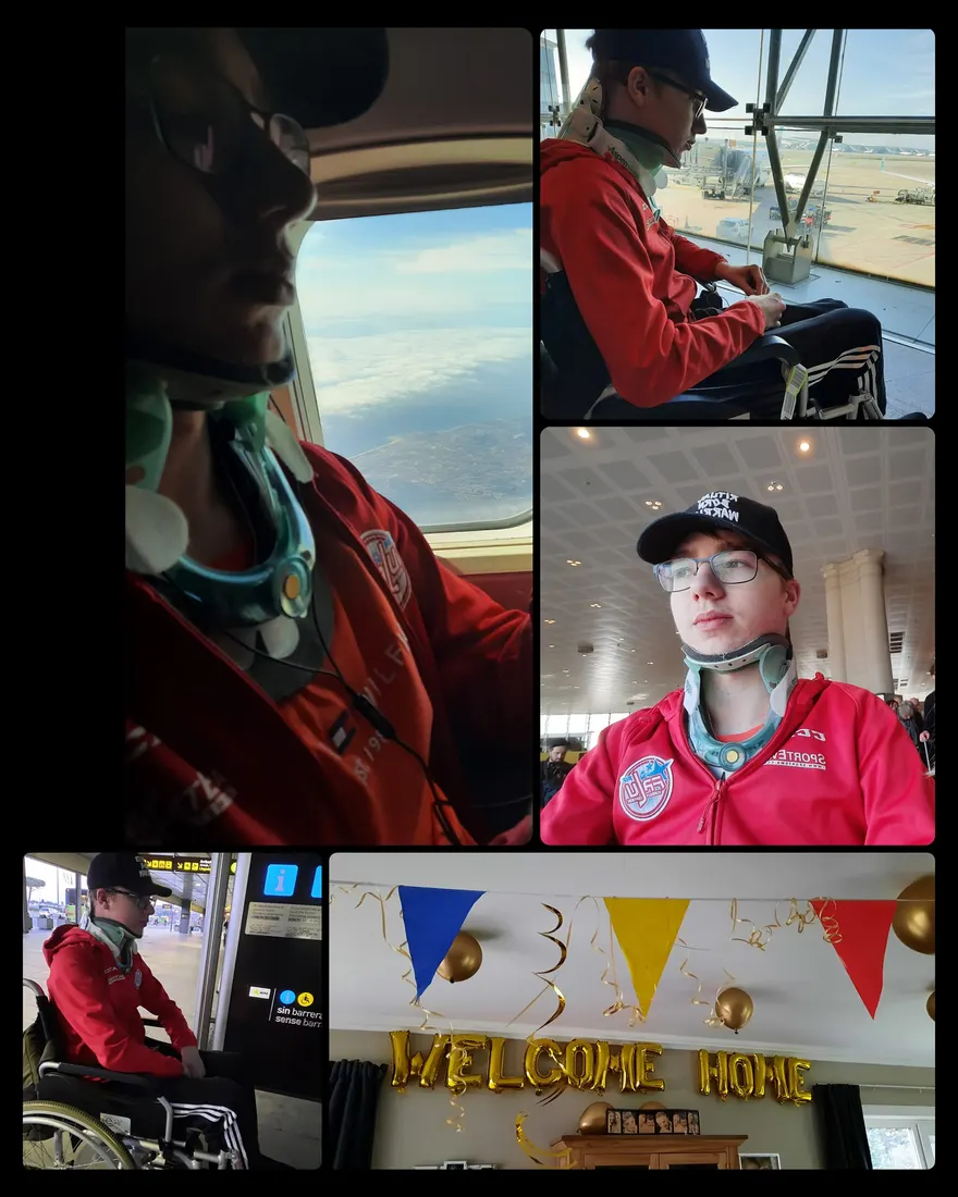 Collage van de terugreis: Niek met nekkraag in het vliegtuig en in een rolstoel op het vliegveld, en thuis slingers met Welcome home