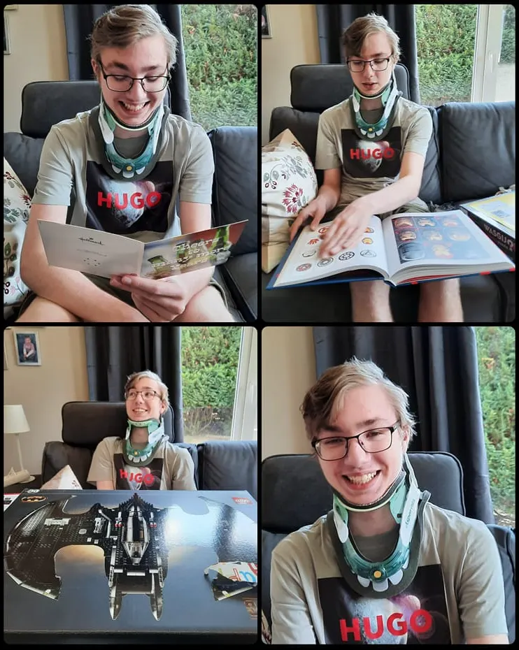 Collage van Nieks zestiende verjaardag: Niek met nekkraag op de bank, lachend met een kaart en een boek
