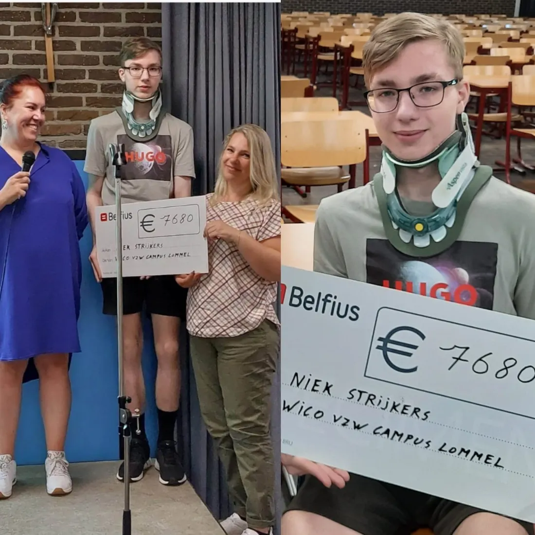 Niek met nekkraag en een cheque van € 7.680, uitgeschreven door WICO vzw Campus Lommel