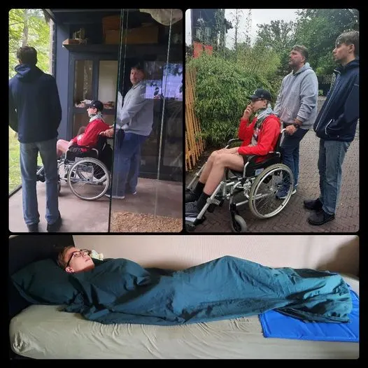 Collage van de Fonkeldag: Niek in zijn rolstoel bij een dierenverblijf, en liggend onder een blauwe deken